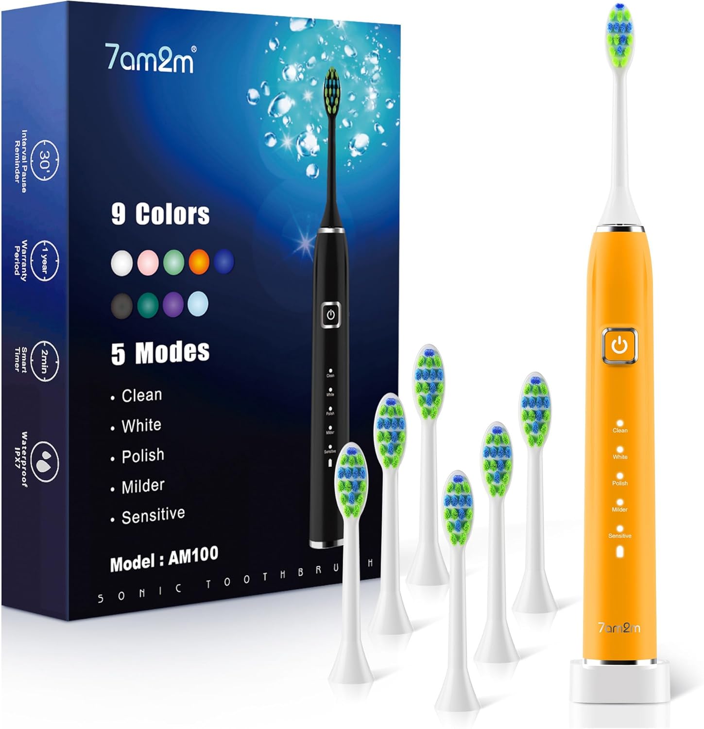 7AM2M Sonic Electric Toothbrush with 6 Brush Heads for Adults&Kids, One Charge for 120 Days, Wireless Fast Charge, 5 Modes, 40000VPM Powered Toothbrush, 2 Minutes Built in Smart Timer -Orange