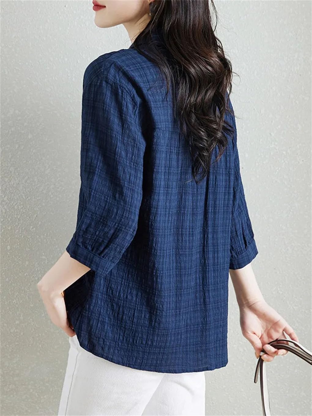 Camisa casual de algodón para mujer, vintage, a cuadros, media manga, holgada, para mujer