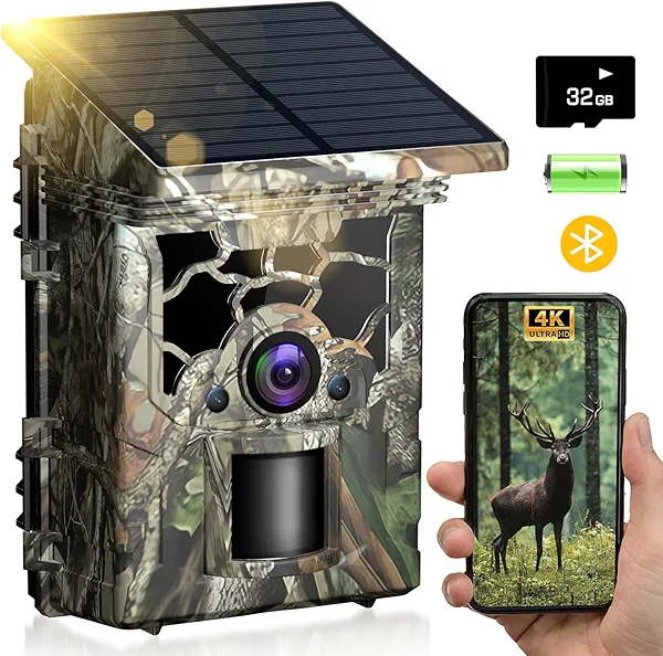 Trail Camera Solar Powered 4K 46MP, WiFi Bluetooth Game Camera with 32GB Memory Card, 130° Wide Angle, Motion Activated 0.3s Trigger, IP66 Waterproof No Glow Night Vision for Wildlife Monitoring