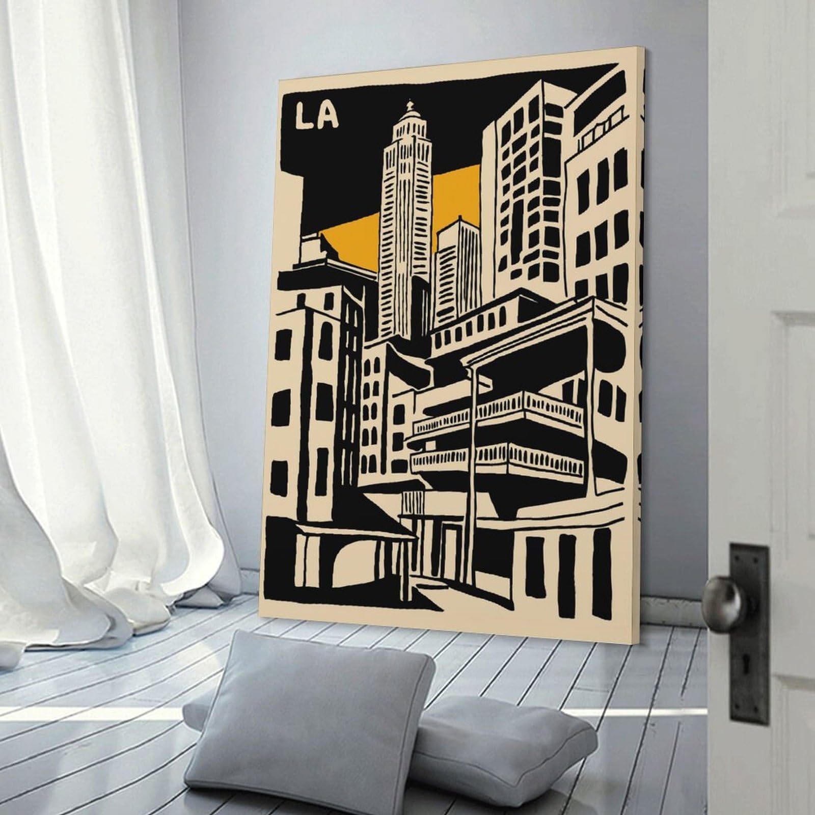 Junmoney Los Angeles Cityscape Illustration Wall Art Print 24x36inch(60x90cm), for Picture Wall Styling in Lounge Or Bedroom, A Versatile Canvas Print for Layering