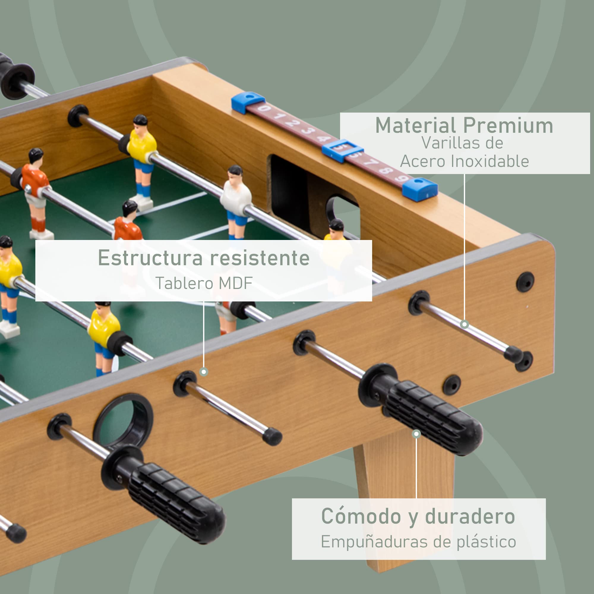 HOMCOM Futbolín de Mesa, Cuerpo Madera Resistente, Juego Mesa de Fútbol con 18 Jugadores, 2 Bolas, 6 Asas y 2 Marcadores de Puntos para 2-4 Personas, 70x37x22 cm, para Niños de 6+ Años y Adultos