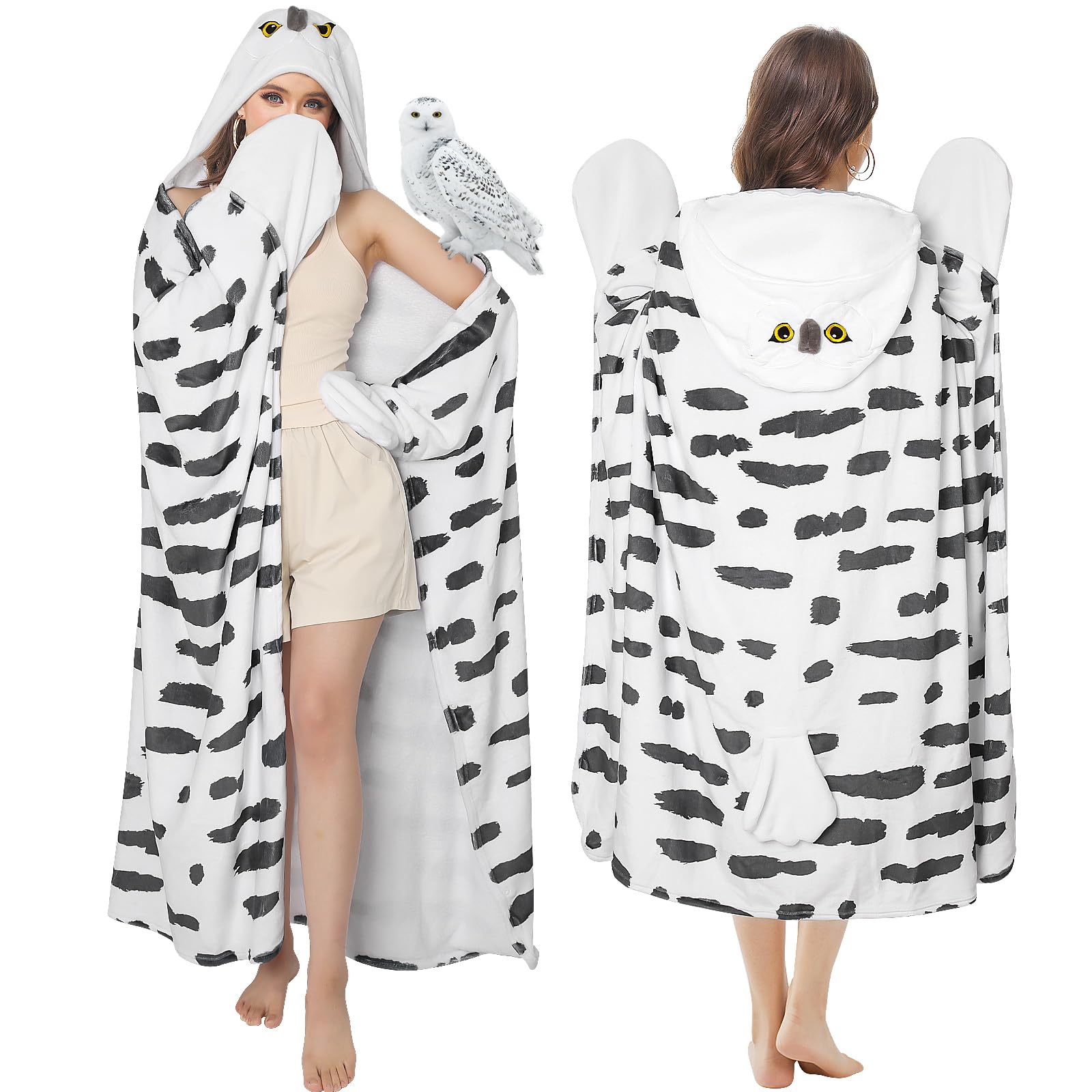 pewjury Coperta con maniche e cappuccio, con gufo di neve, con guanti, motivo animale, morbida coperta in flanella, per donne, bianco, 130x160cm