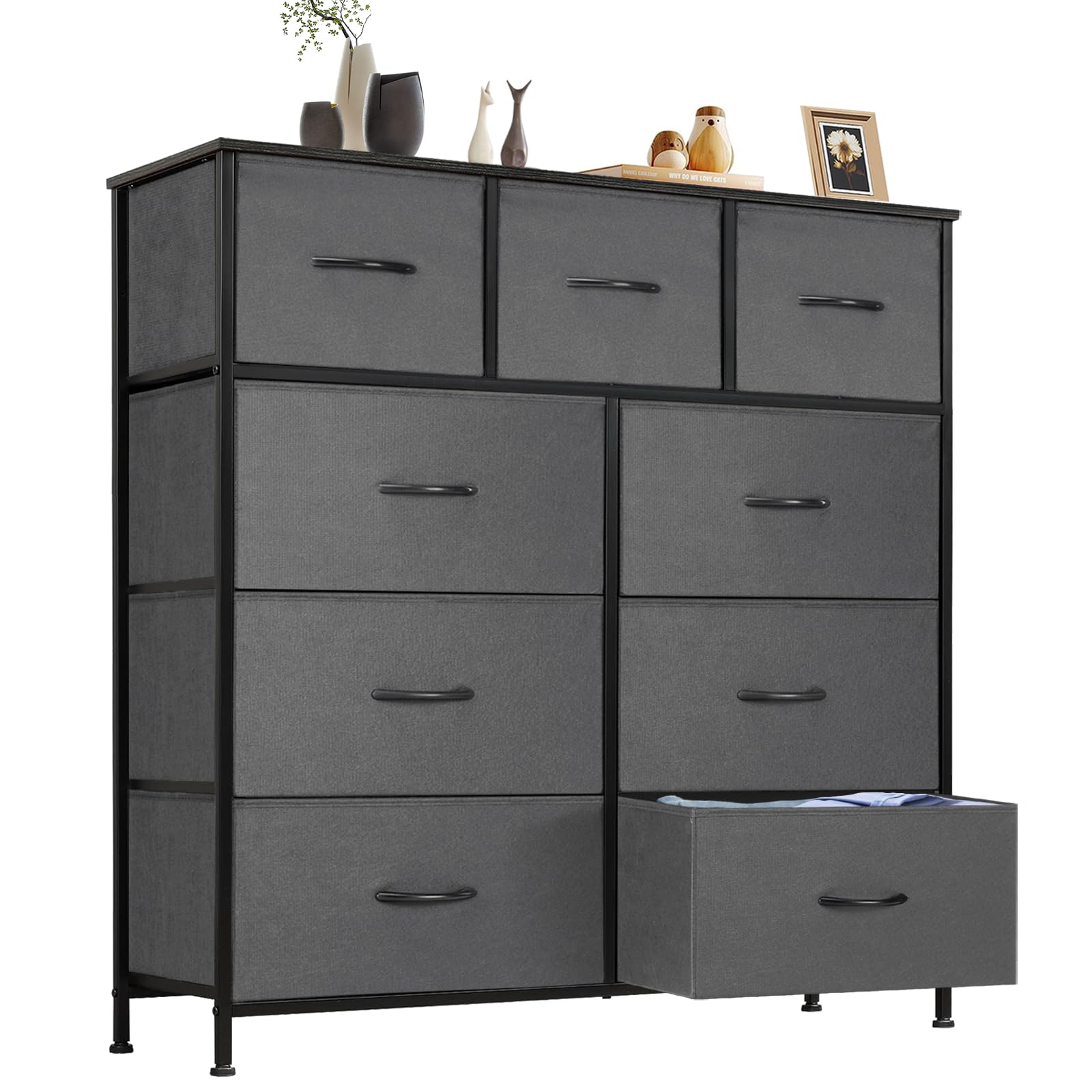 Sweetcrispy Dresser, Dresser for Bedroom Furniture, Storage Drawers, Fabric Storage Tower with 9 Drawers, Chest of Drawers with Steel Frame, Wooden Top for Kids Room, Closet, Entryway, Nursery