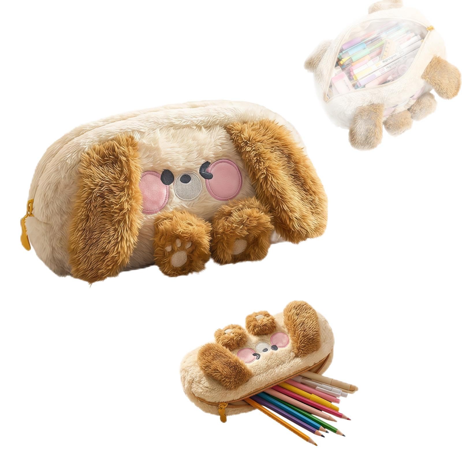 HUANYO Kawaii Animal Pencil Case, 3D Cartoon Plush Pen Bag Large Capacity Pouch, Soft Cute Stationery Organizer Box Cosmetic Bag for Kids Teens Girls Birthday Gift (Brown)