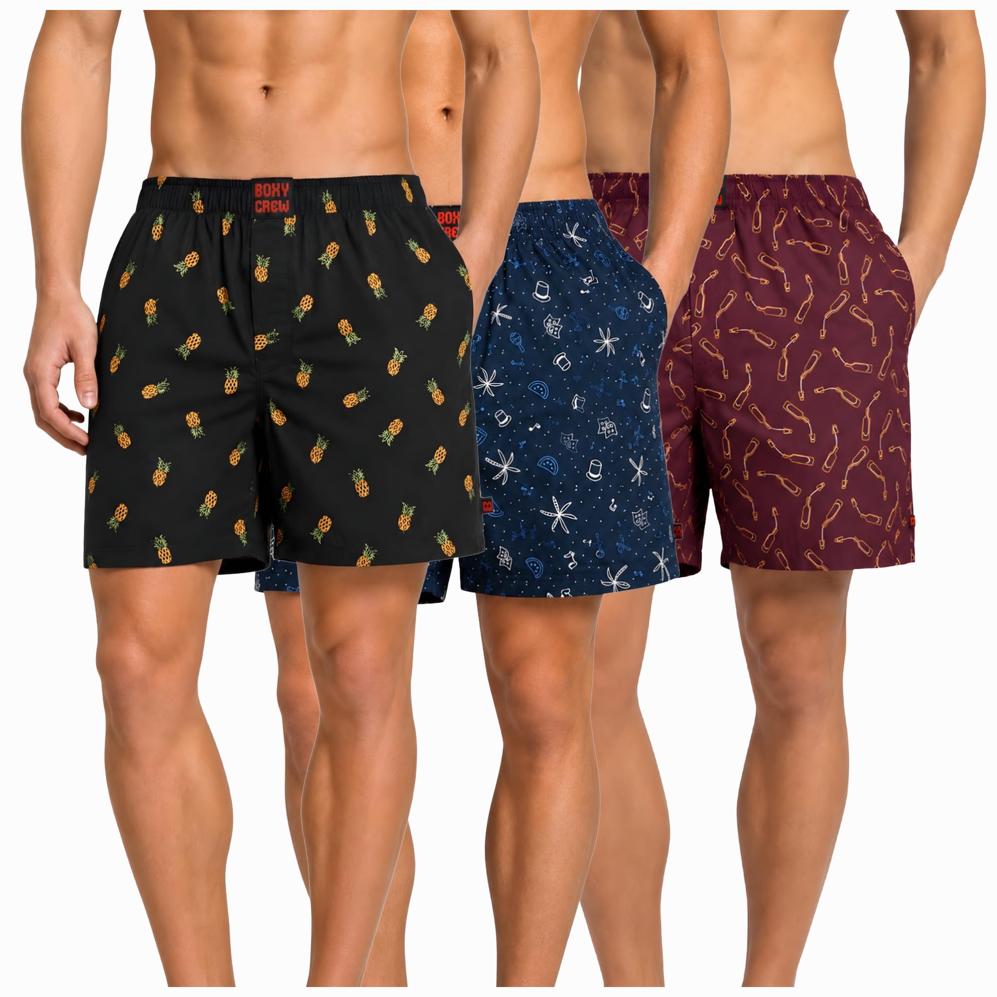 Men's 100% Cotton Boxer Shorts Pack of 3, Charcoal, Navy Blue & Maroon | Woven Boxers with Side Pockets, No-Marks Elastic Waistband, Breathable Relaxed Fit | Style 004-007-014-image-27