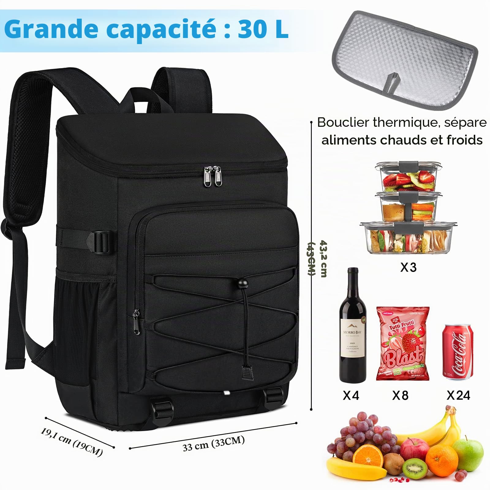 NUBILY 30L Sac a Dos Isotherme a Glacière Sac Pique-Nique Imperméable Grand Sac Isotherme Repas Lunch Box Camping Barbecue Trekking Noir