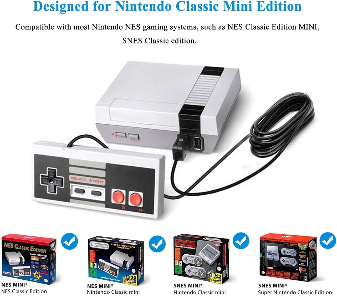 NES Classic Controller with 10FT Cable - 2 Pack Classic Mini Controllers for Nintendo Classic Mini Edition SNES Classic 2017