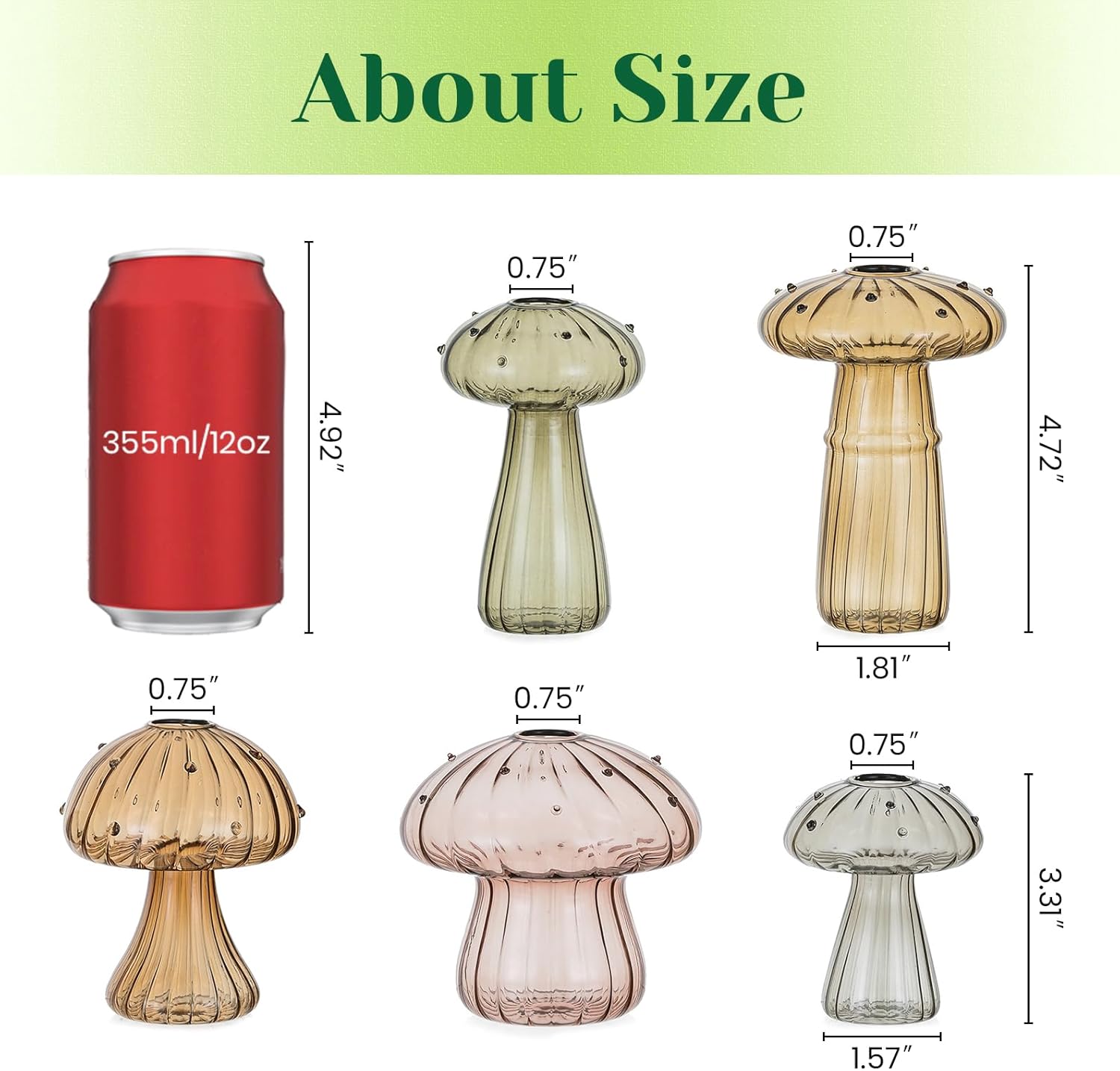 Hewory Glass Mushroom Propagation Stations: Set of 5 Unique Propagation Jars Glass Planter for Indoor Plants Home Decor - Amber Mushroom Vase Christmas Birthday Gifts for Plant Lovers Women Girls