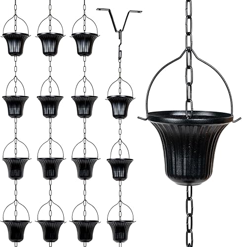 MyGift Cadenas de lluvia decorativas de 10 pies con 15 copas de campana acanaladas y gancho en V, repuesto de metal negro para canalón de drenaje de