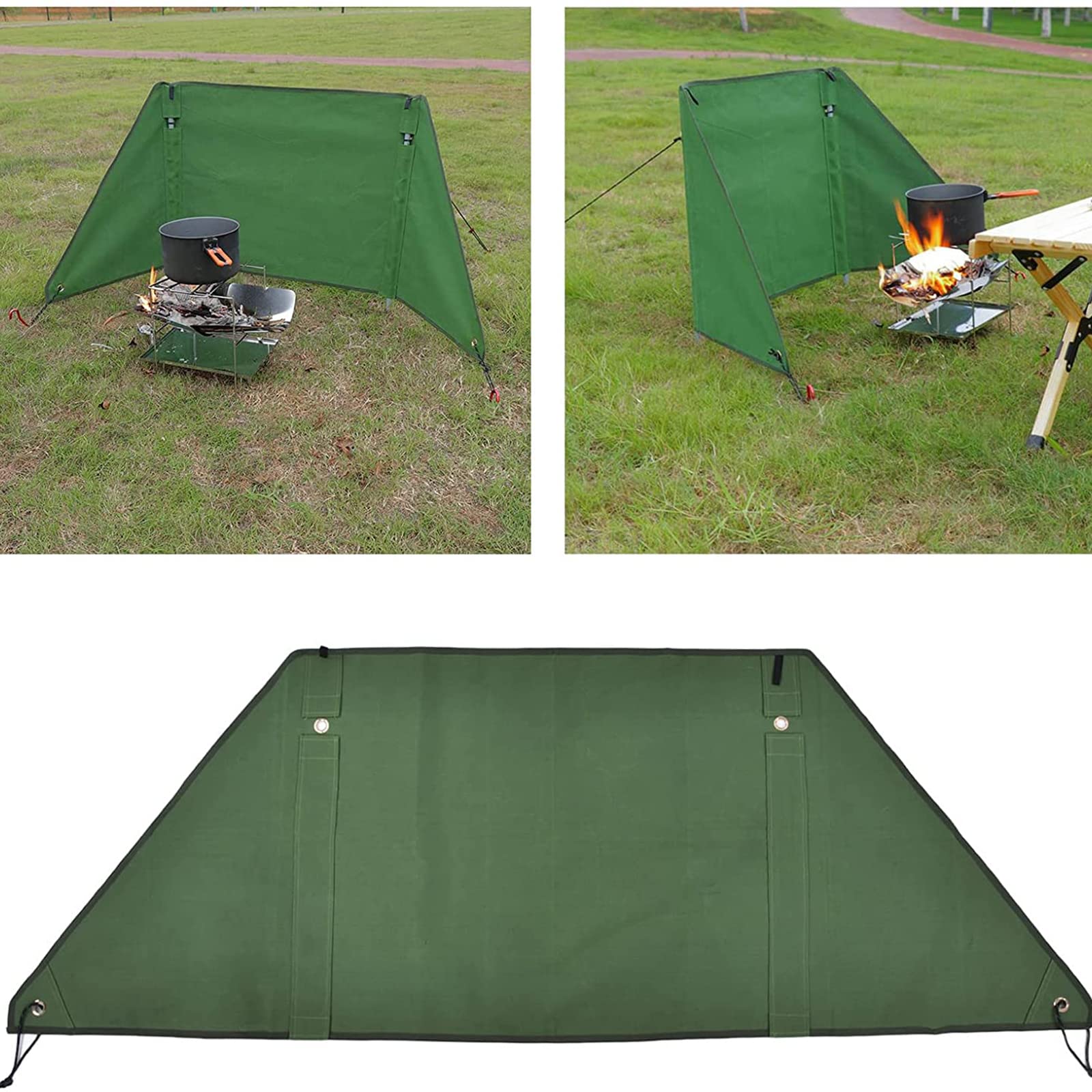 QETU Stove Windshield, Folding Camping Windscreen, Windscreen Wind Proof Wear Resistant, Canvas Folding Easy Install Stove with Support Rods Stakes for Grills BBQ