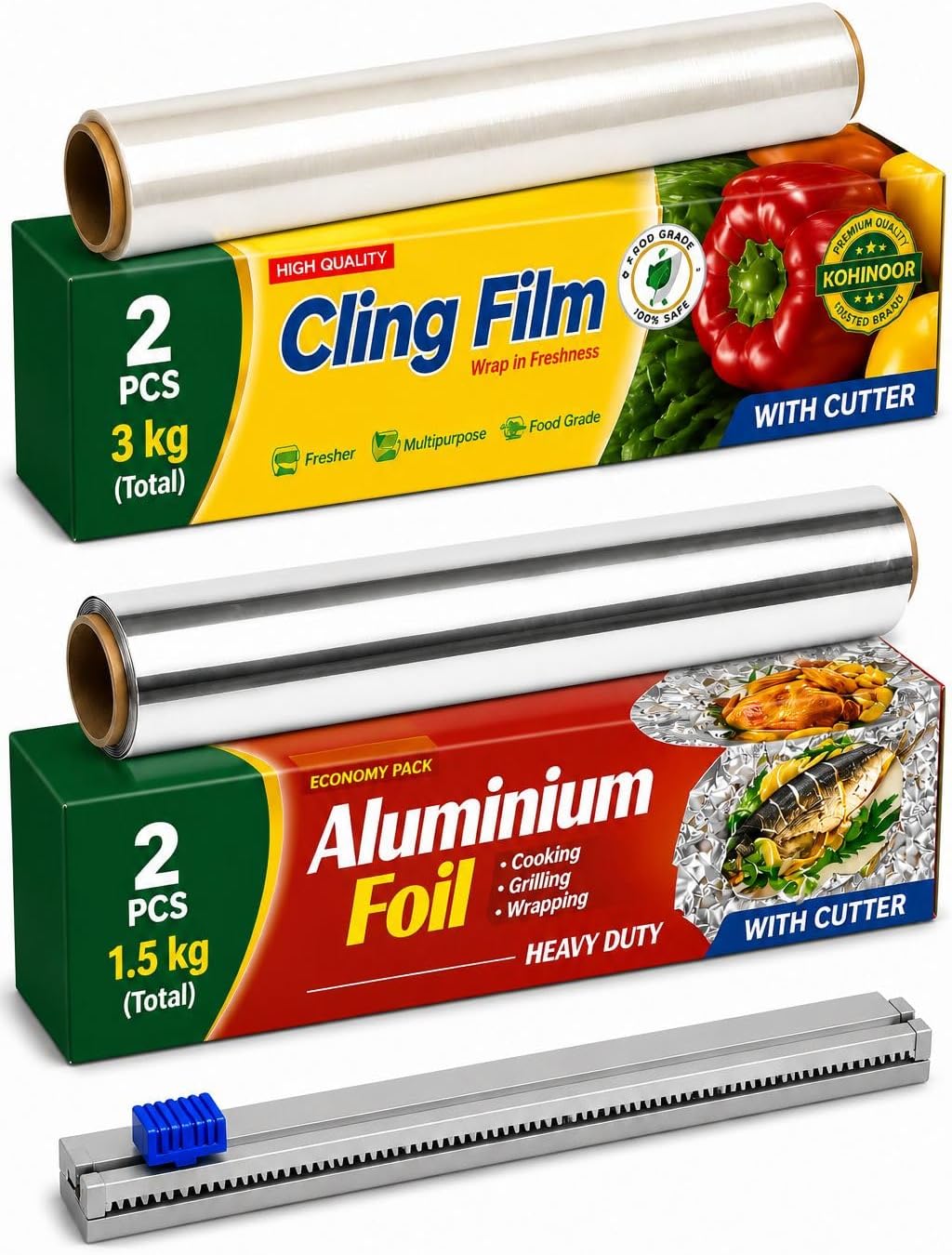 Cling Film 45cm x 450mm (2KG) with Cutter & Aluminium Foil 300mm (3KG, 2 Rolls) Combo Pack – Food Grade Plastic Wrap & Heavy Duty Kitchen Foil | Extra Wide, Strong & Multipurpose for Cooking, Wrapping