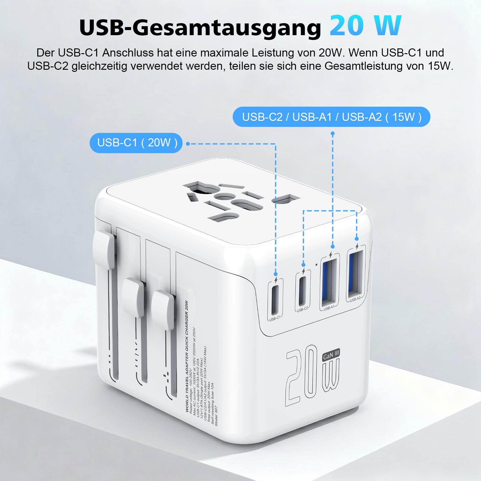 Adattatore da viaggio in tutto il mondo, spina da viaggio universale con 2 USB A e 2 USB C, adattatore per presa internazionale, adattatore universale per Inghilterra, Stati Uniti