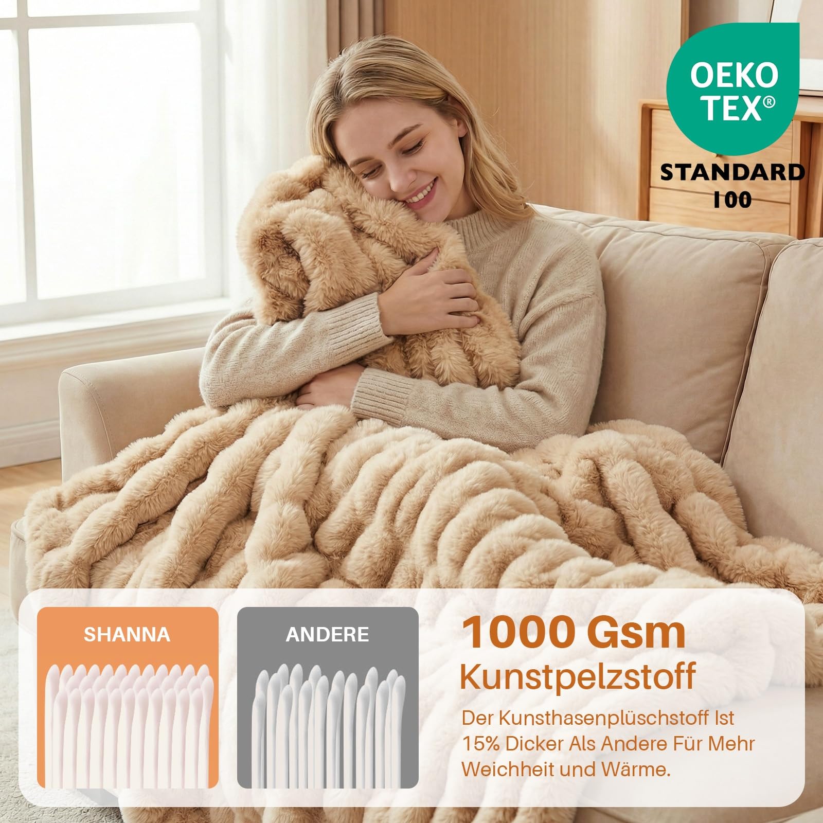 Kuscheldecke Kaninchen Plüsch Decke Super Soft Wohndecke Dick 1000 G/M² Flanell Decke Couchdecke Warme Überwurfdecke Sofadecke Vielseitig Blanket Für Bett Sofa Schlafzimmer Büro Weiß 180 x 230cm