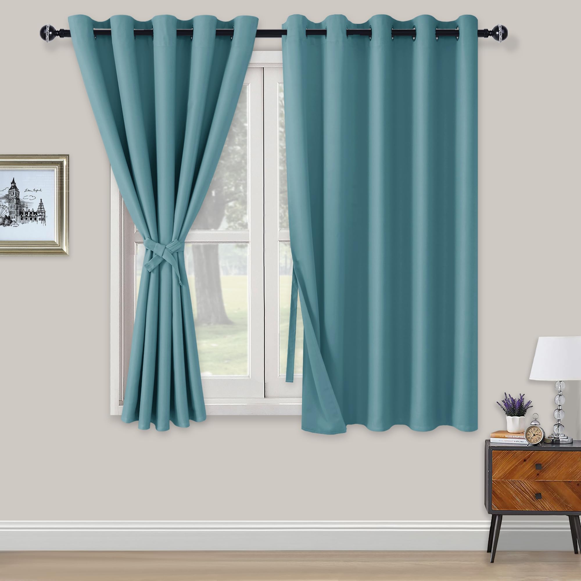 XWZO Blackout Curtains Shades Window Curtain Panels with Tiebacks- Noise Reduction and Thermal Insulated Eyelet Curtains for Bedroom,Living Room,Office,Study Room Turquoise W66xL54