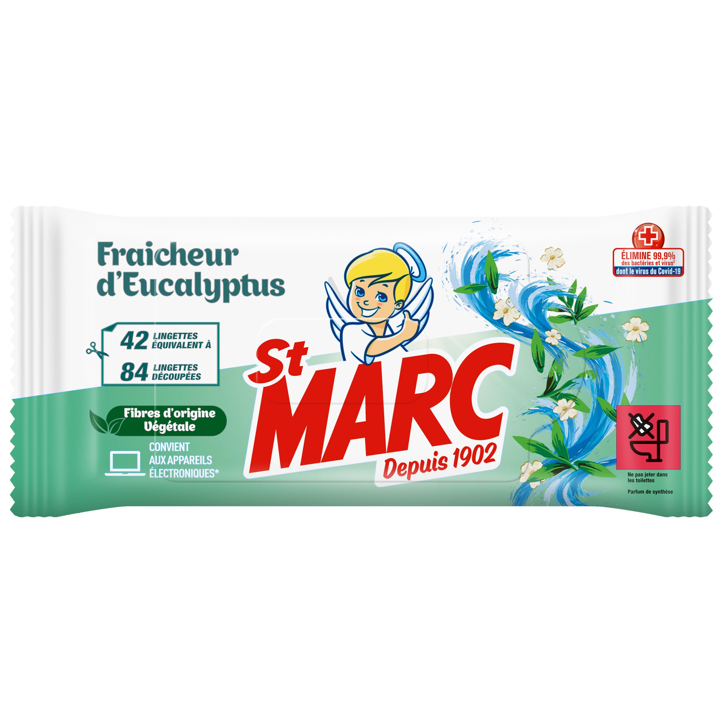 St Marc Lot de 3 sachets de 42 Lingettes Biodégradables Nettoyantes et Désinfectantes aux Huiles Essentielles d'Eucalyptus