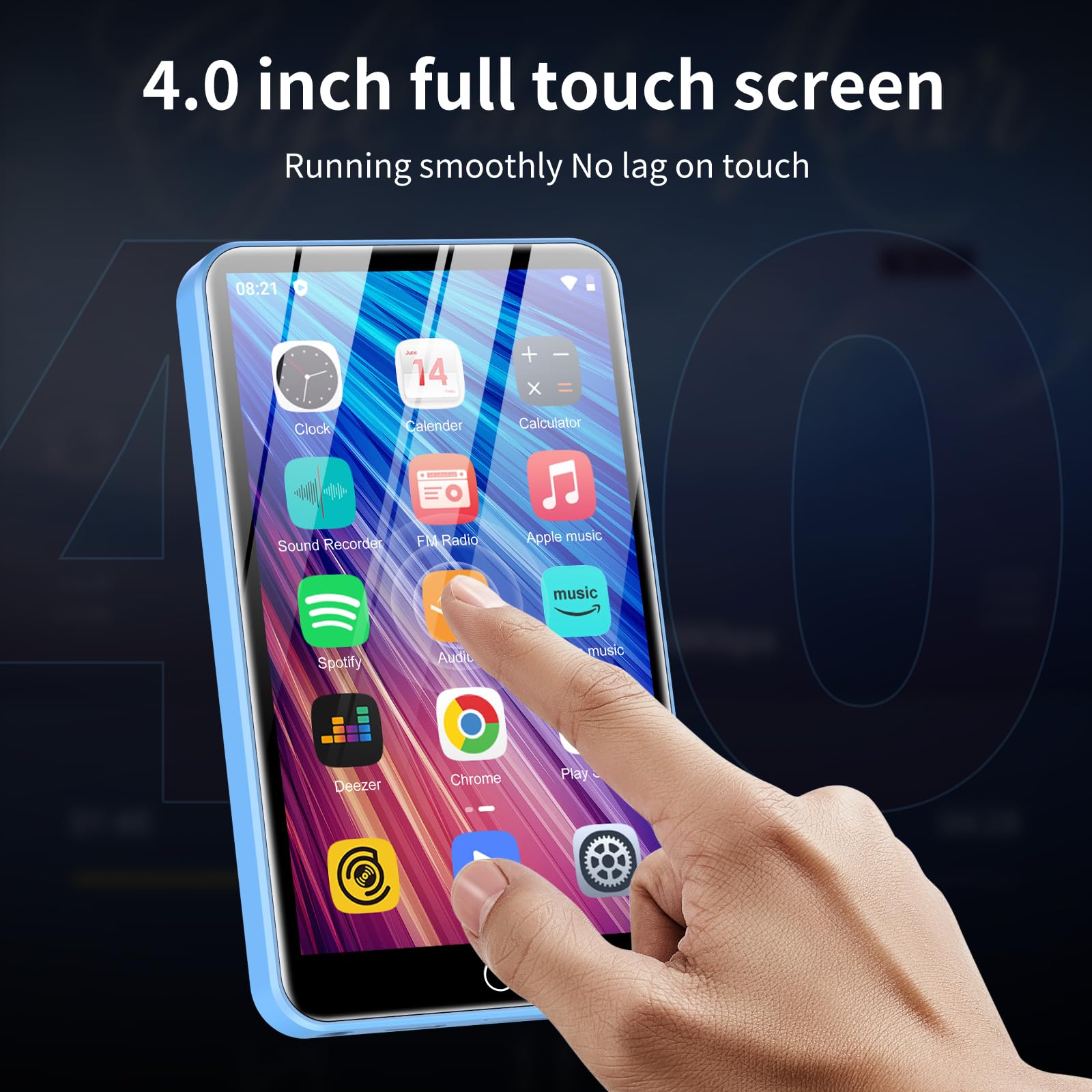Lettore MP3 con Bluetooth e WiFi, memoria ZAQE da 80 GB e sistema operativo Android, touchscreen da 4", musica Spotify, altoparlante integrato, radio FM, lettore MP4 per bambini, blu
