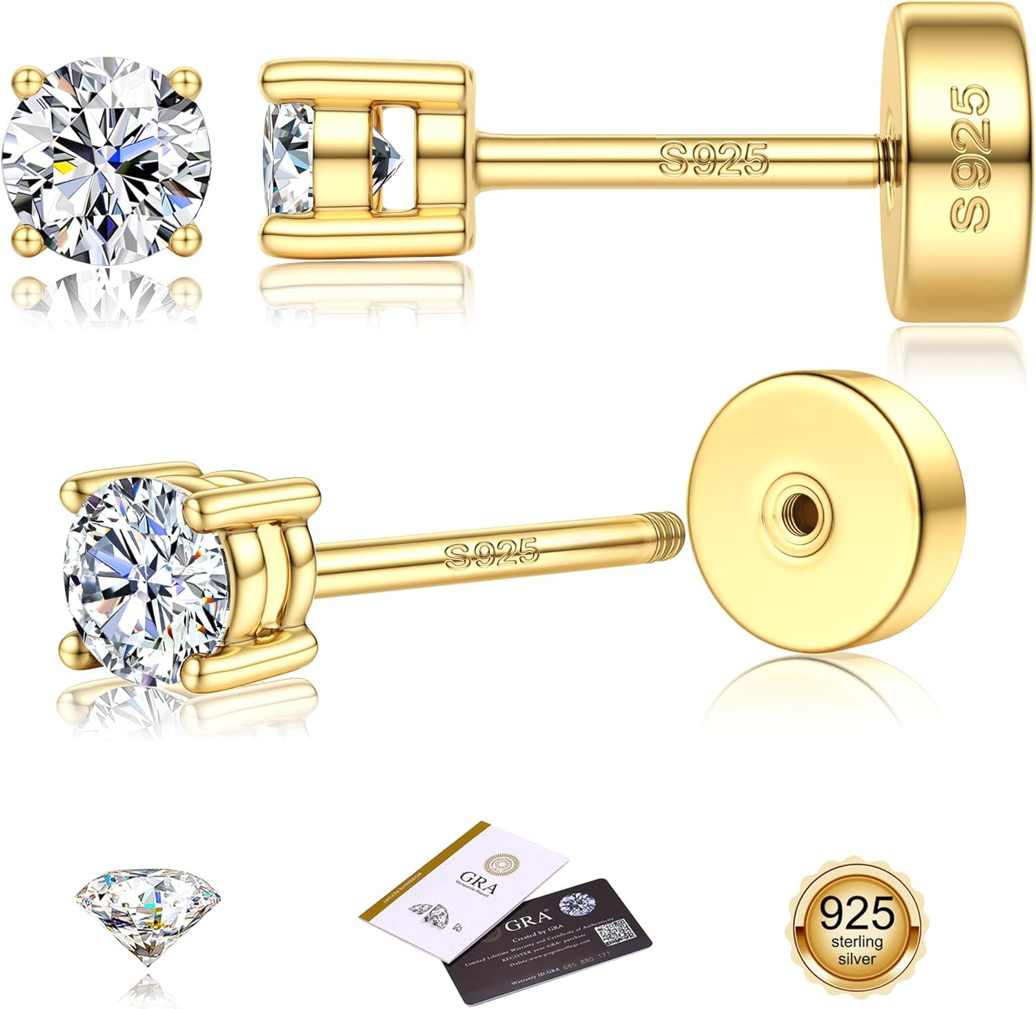 Moissanite Earrings for Men Women:Hypoallergenic Flat Back Earrings 925 Sterling Silver Stud Earring Small D Color VVS1 Moissanite 14K White Gold Plated Helix Cartilage Earring Studs Gift Jewelry