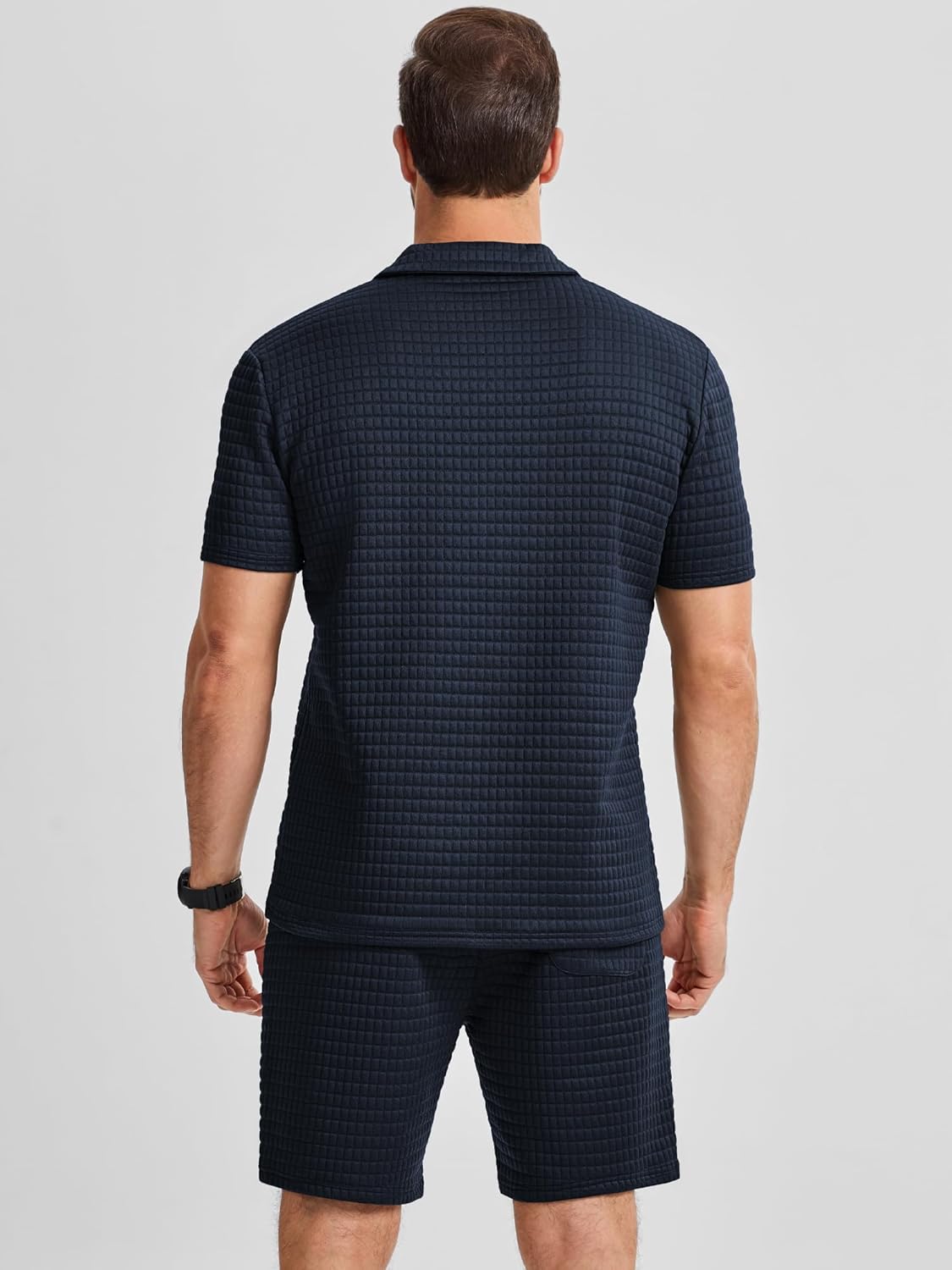 JMIERR Men's 2 Piece Waffle Knit Outfit Half Zip Polo Shirt and Shorts Textured Summer Set - Image 5