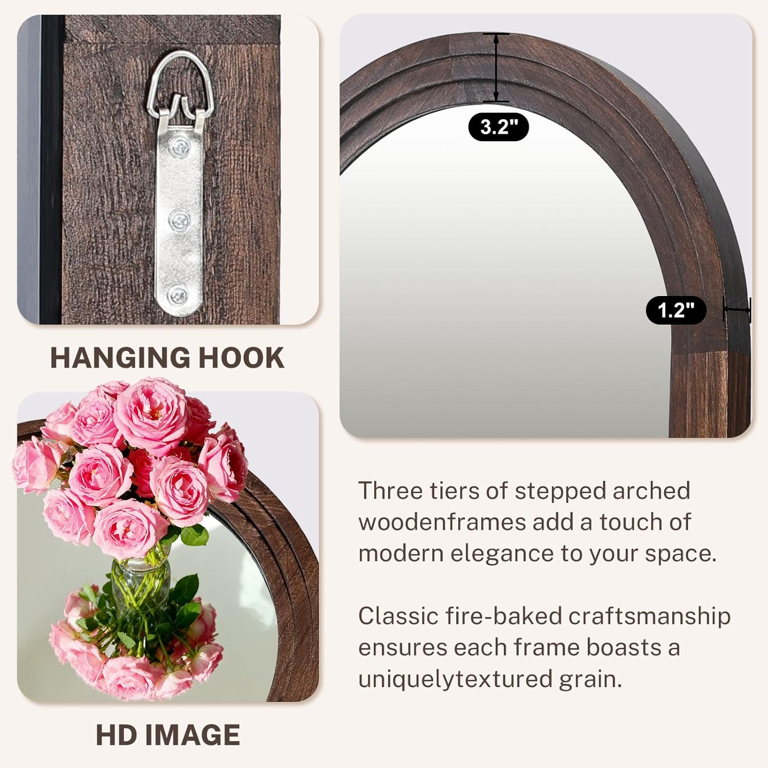 Full Length Mirror 71"x30" Arched Solid Wood Frame Floor Standing Mirror, Hanging or Leaning Wall-Mounted for Living Room, Bedroom, Brown - Image 6