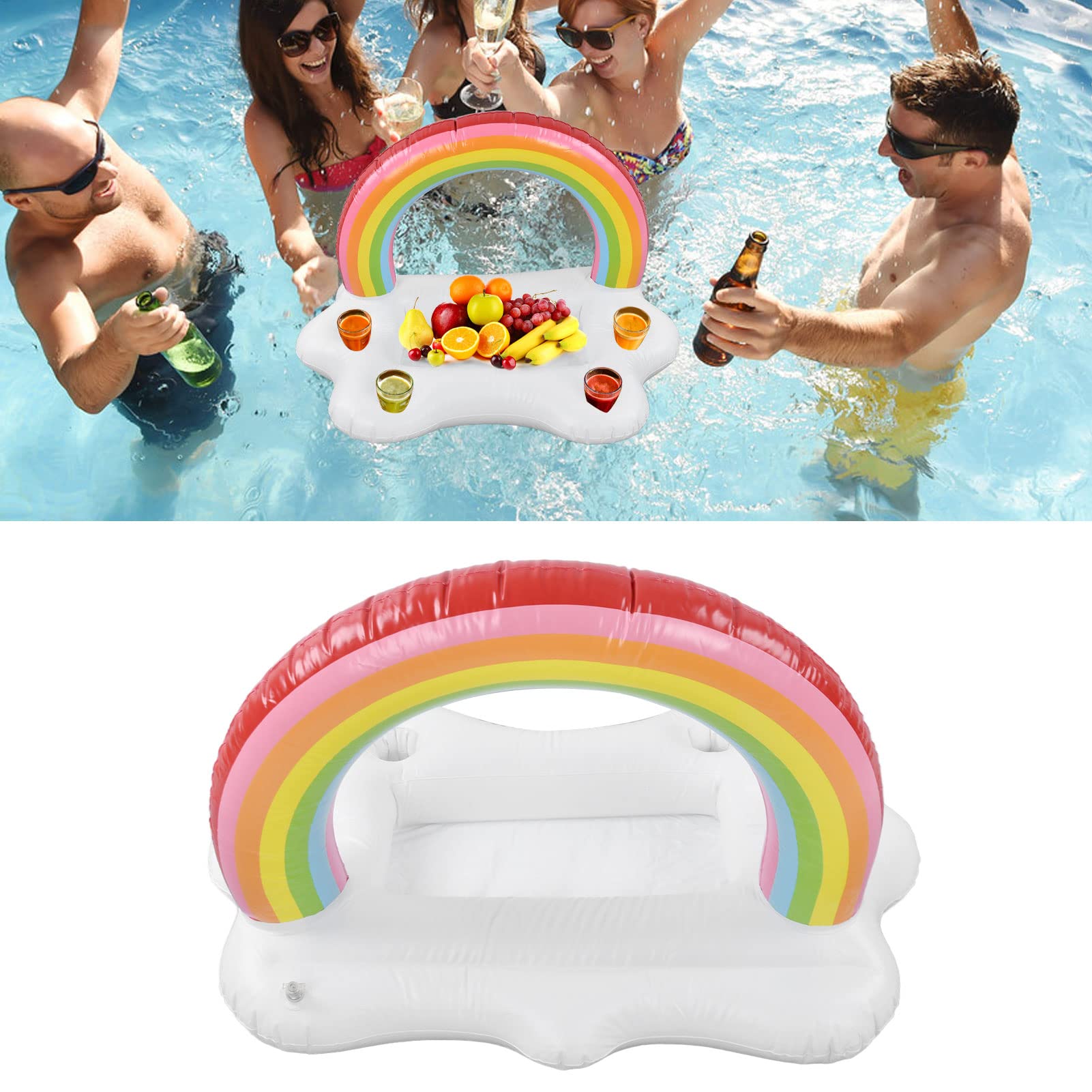 Bouée Piscine Nuage Arc-en-Ciel, Plateau Gonflable Flottant et Bar à Boissons, Flotteur Boisson avec 4 Porte-gobelet, Accessoire pour Fête d'Été