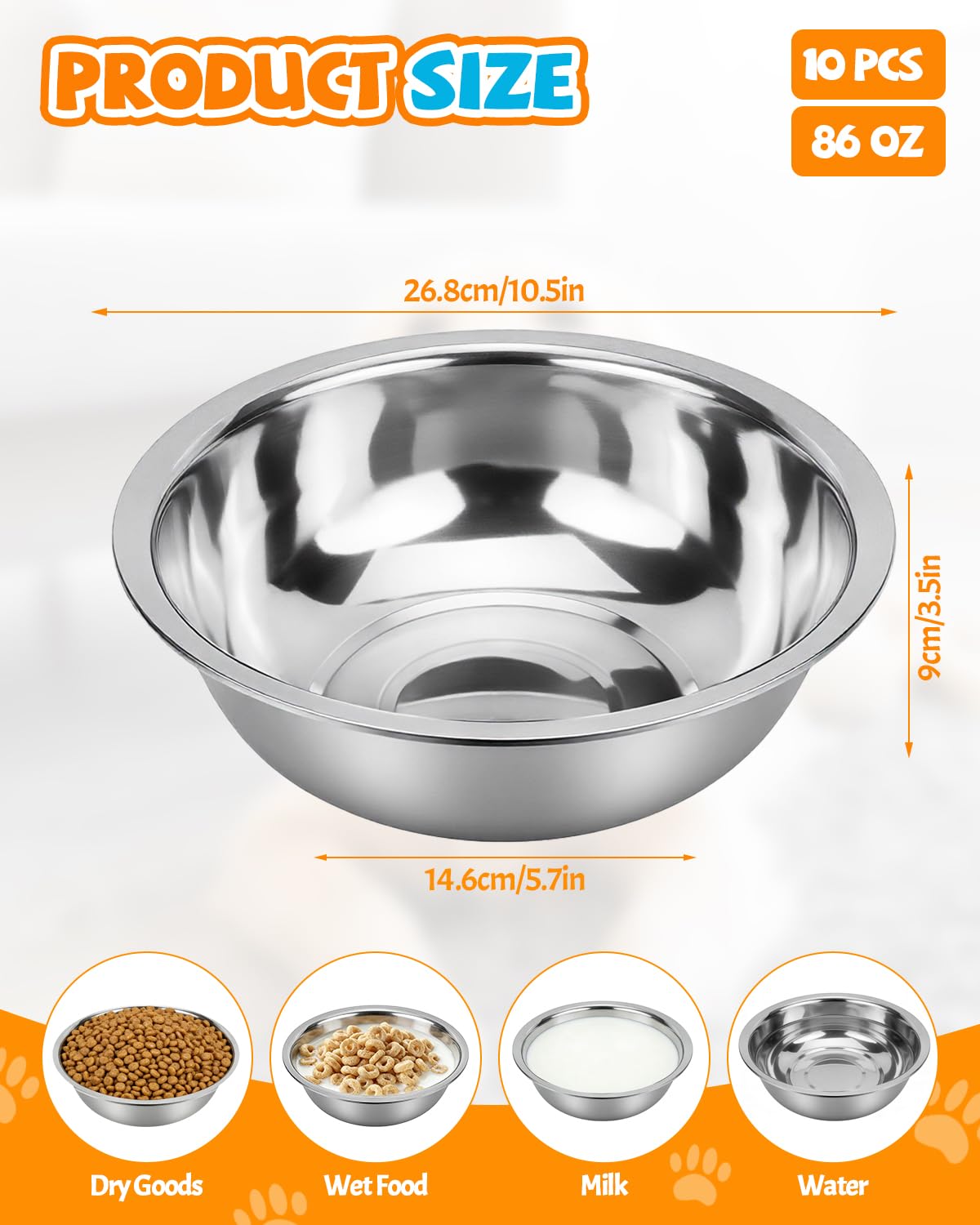 Set di 10 ciotole per cani in acciaio inox, 2,4 g/10,75 tazze, ciotole in metallo per cibo e acqua, ciotola grande per acqua o ciotola per animali domestici, per interni o esterni, lavabili in