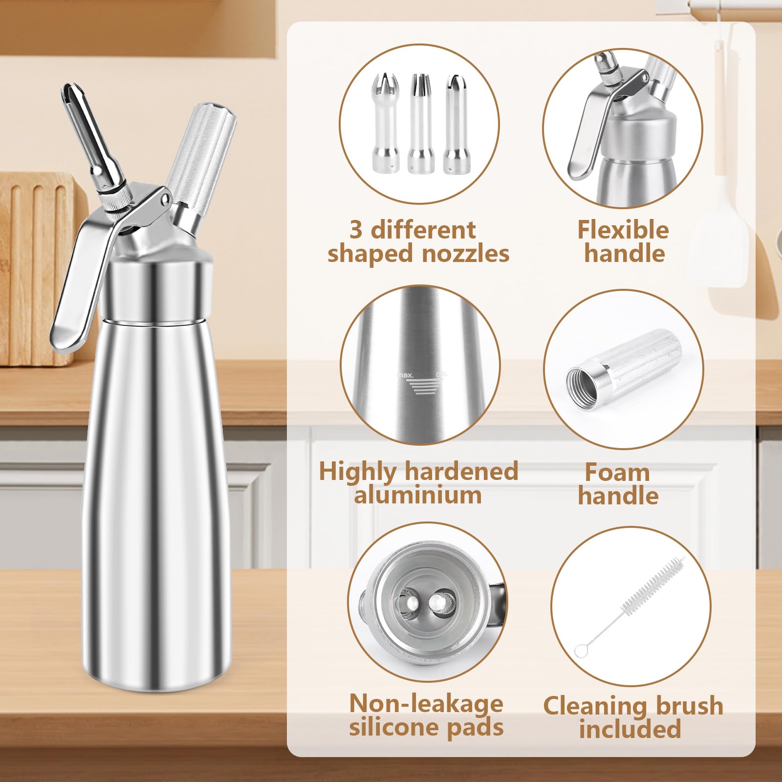 talifoca 500 ml Sifón de Cocina Espumas, dispensador de Crema sifon de Nata Aluminio con 3 boquillas acero Inoxidable y 1 Cepillo, Sifon de Nata para Decorar Pasteles de Cumpleaños, Helados y Postres