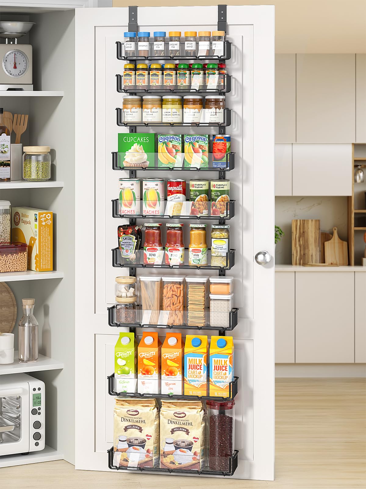 Delamu 9-Tier Over the Door Pantry Organizer with Acrylic Panel, Pantry Organization and Storage, Black Hanging Basket Wall Spice Rack Seasoning Shelves, Home Kitchen Bedroom Bathroom House Essentials