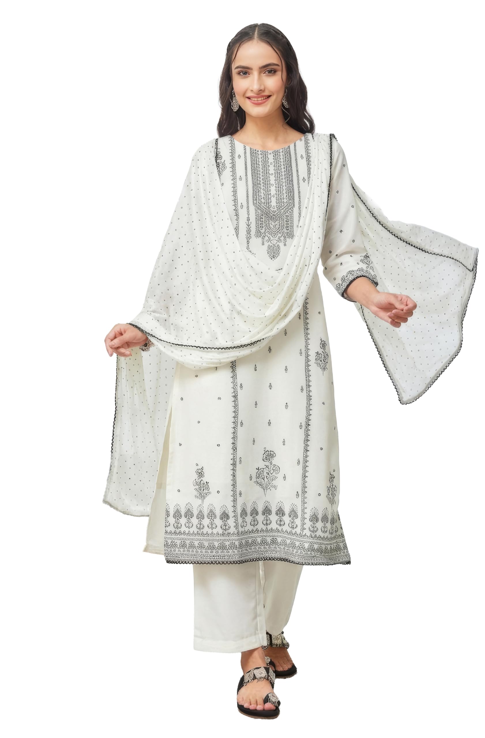 Janasya Women's White Silk Blend Ethnic Printed Straight Kurta Set