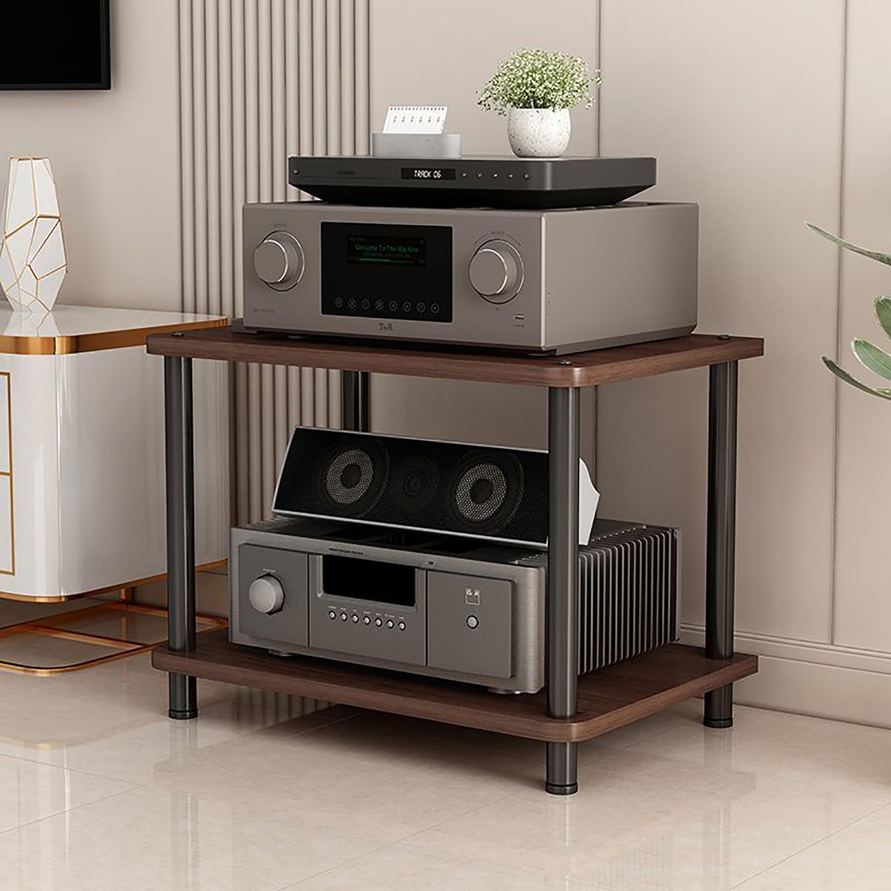Mueble receptor y centro de entretenimiento con soporte para tocadiscos de nogal de 2 niveles