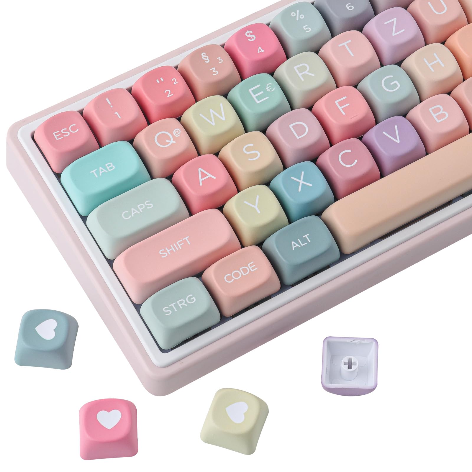 Sunzit Keycaps, 132 Tasten MOA Profil PBT ISO DE Keycaps Niedliches Regenbogen Bonbon Set mit individuellen Tastenkappen für Cherry MX-Schalter ISO DE Layout Mechanische Gaming Tastatur(DE Layout)
