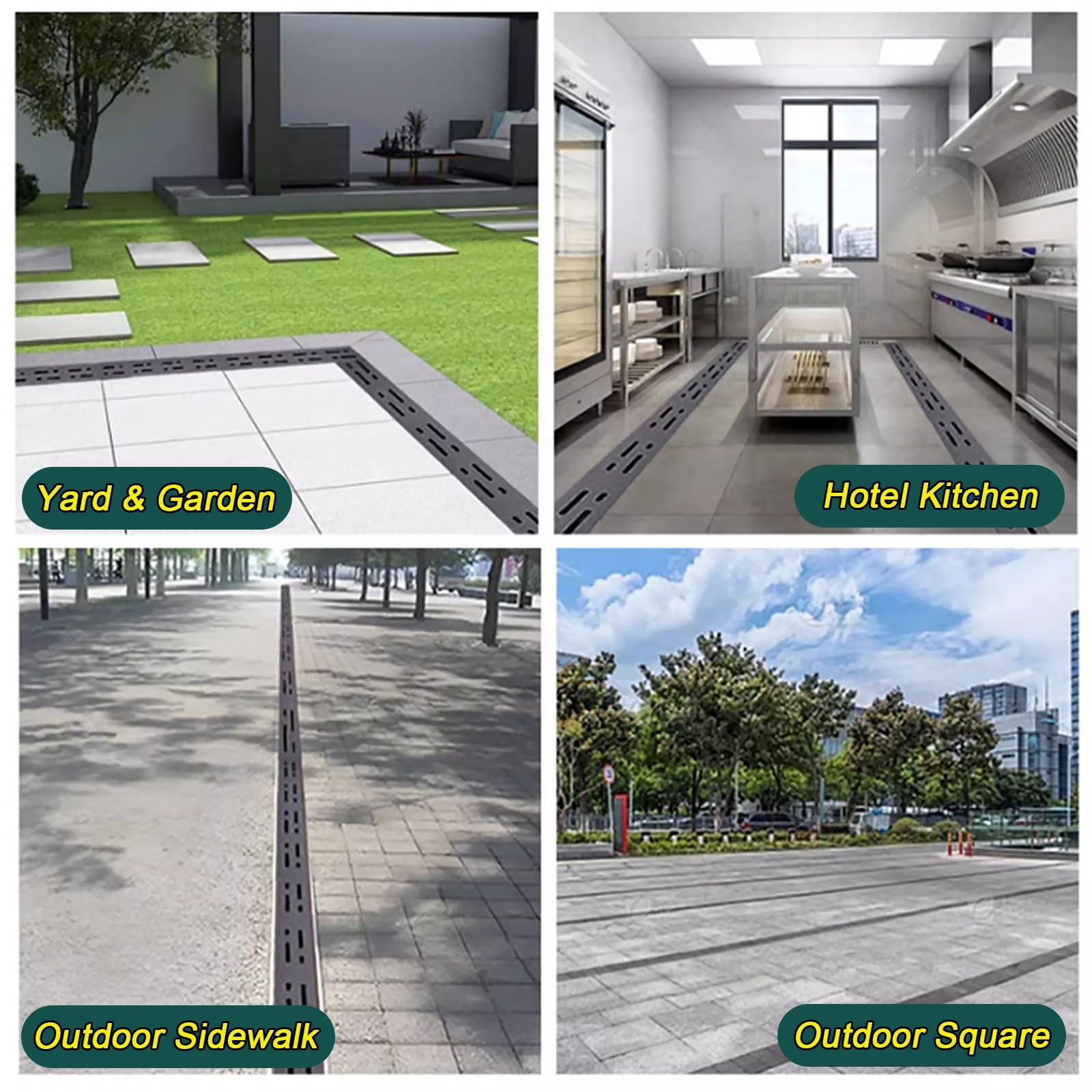Genérico Canal de Drenaje para Patio en Forma de U con Rejilla metálica - Drenaje Exterior Duradero para jardín, acera, terraza de Piscina y Cocina - Desagüe de Piso de Ducha con Posibilidad de unión