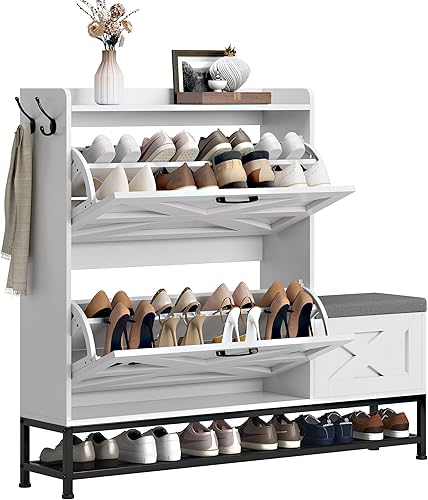 SDHYL Armario de almacenamiento de zapatos con banco de zapatos, zapatero independiente con 3 cajones abatibles para 20 pares, organizador de