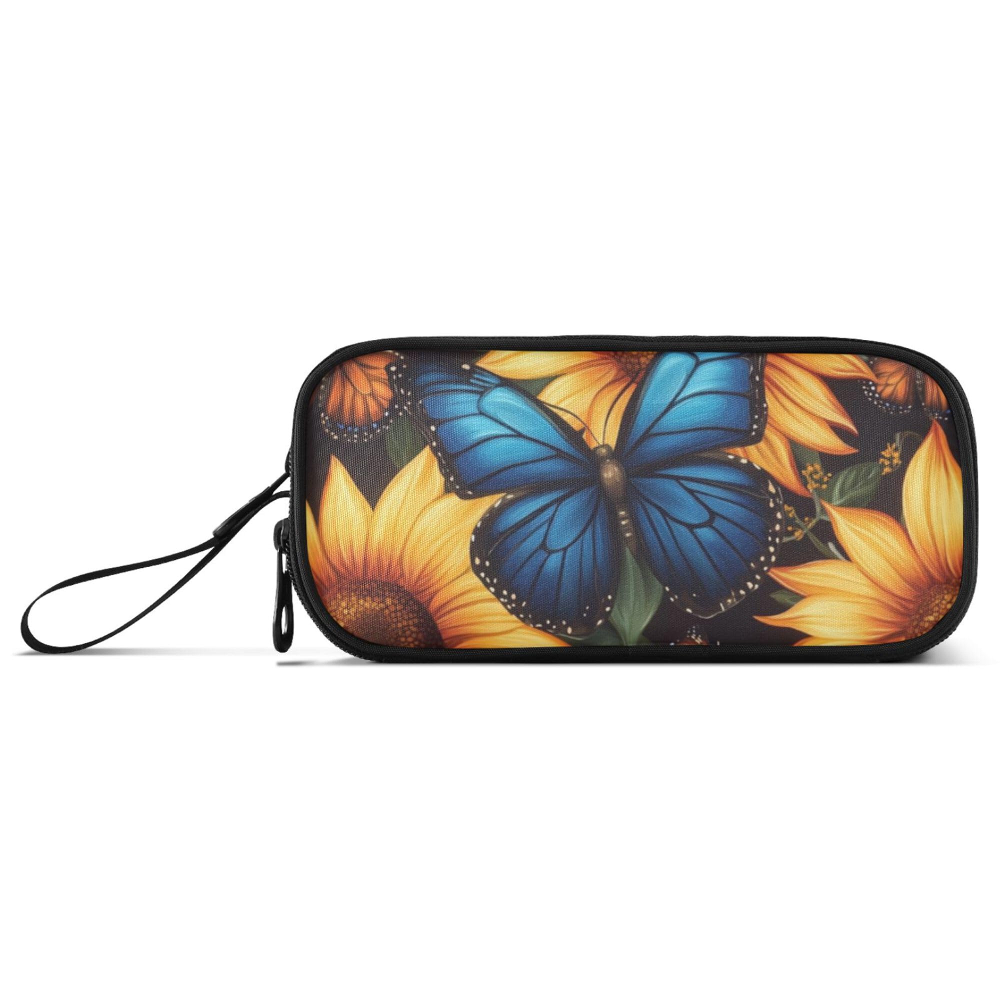Fisyme Blue Butterfly Sunflower Pencil Case Large Capacity Pen Box Makeup Pouch Holder Organizer Stationery Bag for School Office College Traval