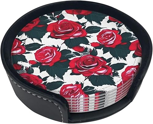 Rose Flower Floral Picture Leather Coasters for Drinks Set of 6 for Tabletop Protection, Elegant Home Decor & Housewarming Gift