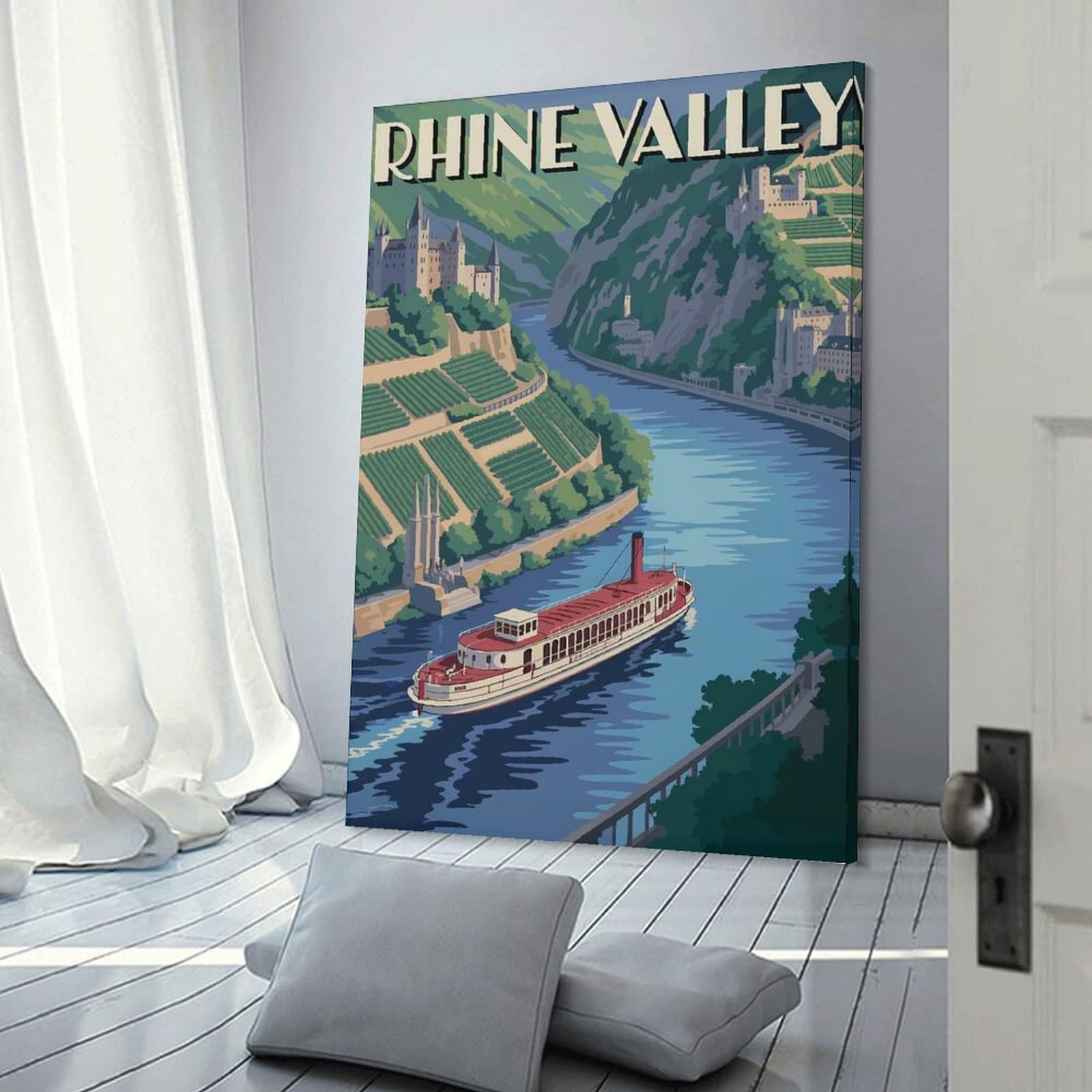Junmoney Rhine Valley Vintage Travel Decorative Wall Artwork, 20x30inch(50x75cm), for Home Lounge, Bedroom Or Reading Nook, Easy Decor for Gallery Walls