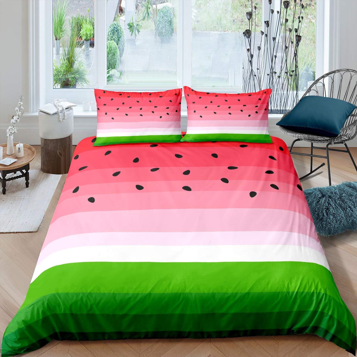 Loussiesd Watermelon Bedding Set Tropical Fruit Print Comforter Cover for Kids Girls Women Fresh Pineapple Stripe Duvet Cover Breathable Red Green Bedspread Cover Room Decor Quilt Cover Single