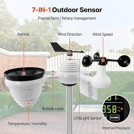 7 In 1 WiFi Weather Station With 7.5 Inch Color Display Wireless Solar Sensor For Indoor Outdoor Temperature Humidity Wind Speed Direction Rainfall Monitor Home Garden Weather Forecast System