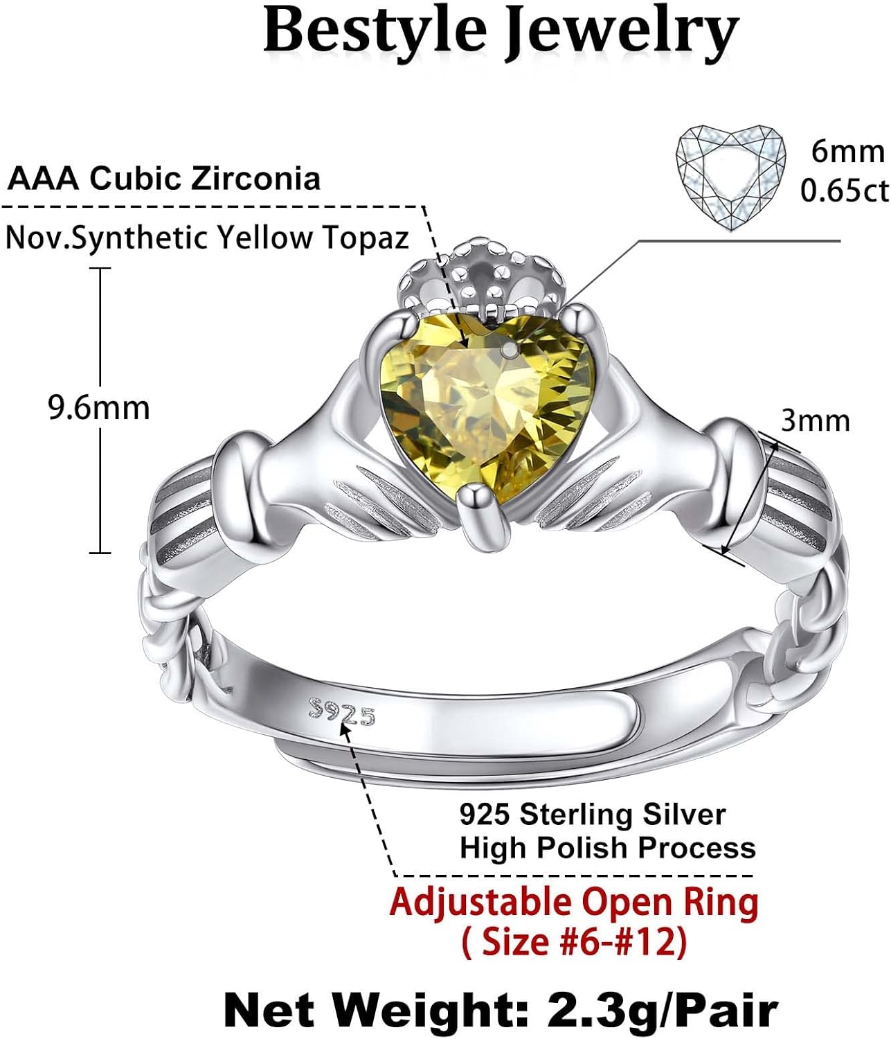 Bestyle Sterling Silver Celtic/Claddagh Birthstone Ring for Women, Hypoallergenic Celtic Silver Ring for Women, Adjustable Open Silver Thumb Ring, Love Promise Ring for Her, Great Birthday Gift - Image 6