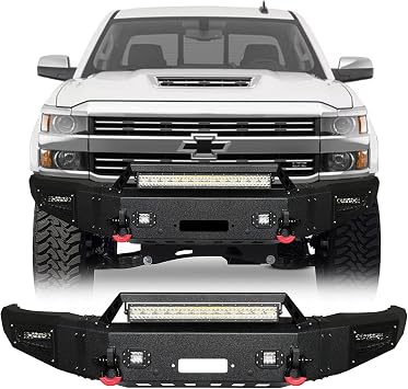 Front Bumper Black Texture Compatible with 2015-2019 Chevrolet Chevy Silverado 2500/3500 w/424W & 1144W Aluminum Lights & D-Ring & Winch Plate
