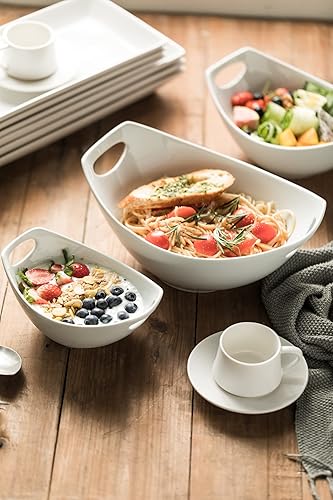 Miniatura 4 de Gomakren Tazones para servir con asas, platos para servir, cuencos de ensalada de porcelana para entretenimiento, juego de 3, aptos para microondas