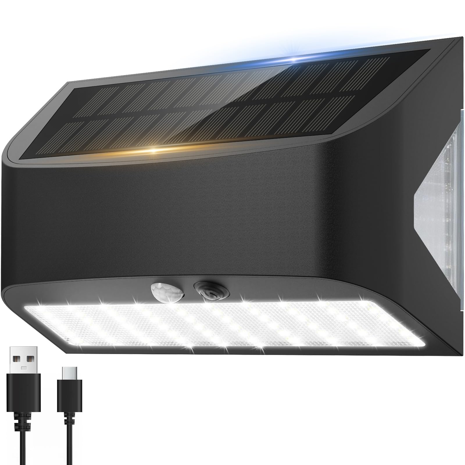 Soiarllt Solar Wall Lights Outdoor Garden 2400mAh, 1200LM USB Rechargeable Security Lights with Rear Light, 6500K Motion Sensor Wall Lights 18-24H, Hidden Hanging for Outside Fence Patio Garage Porch
