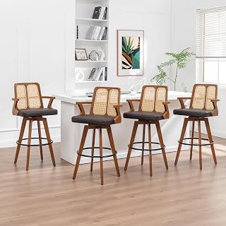 Bar Height Bar Stools, Mid Century Walnut Bar Stools with Rattan Back