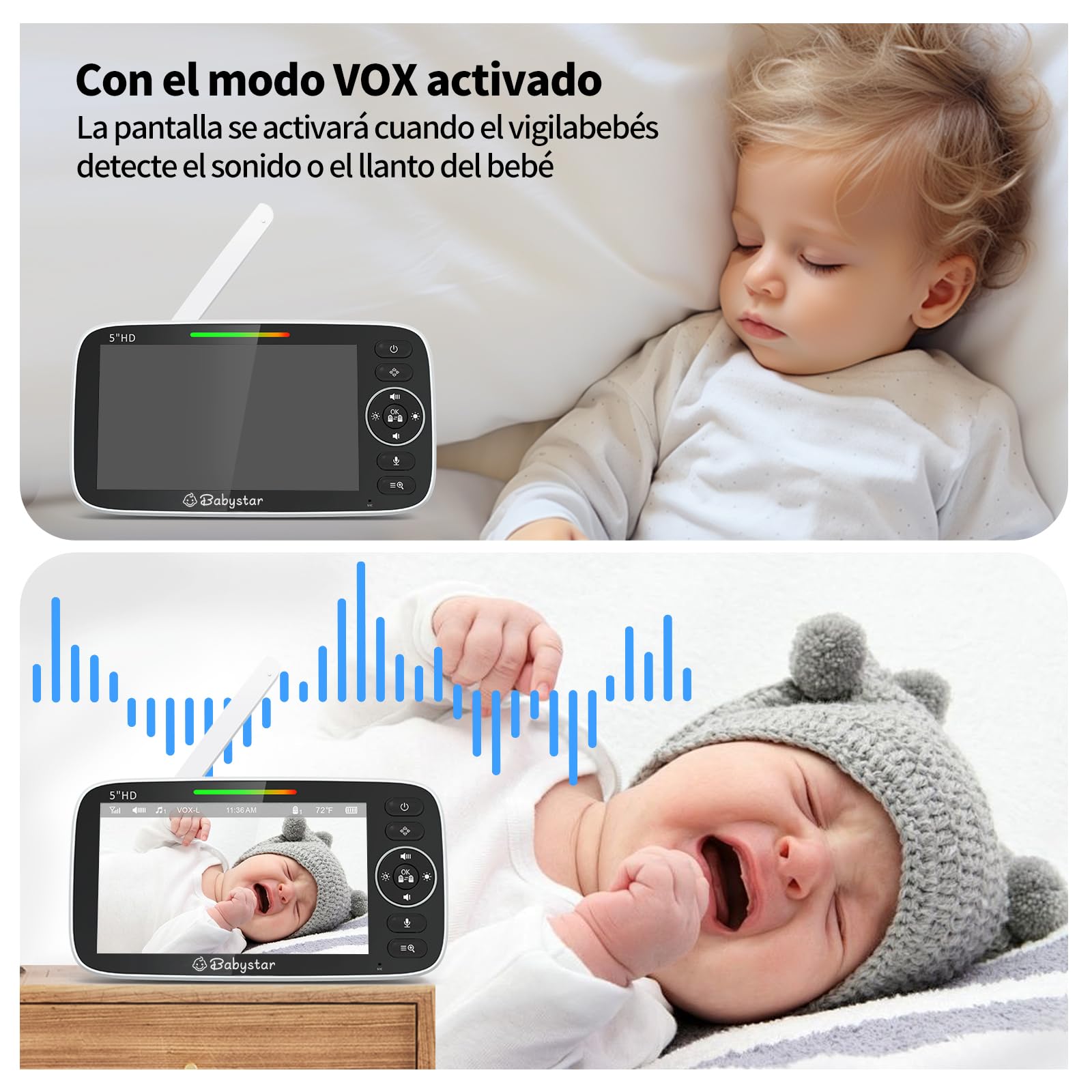 Babystar Vigilabebés con cámara de 5 Pulgadas 720P HD Vigilabebés sin WiFi con cámara y Audio, batería de 4000 mAh, Monitor de bebé, función Vox, Sensor de Temperatura, visión Nocturna