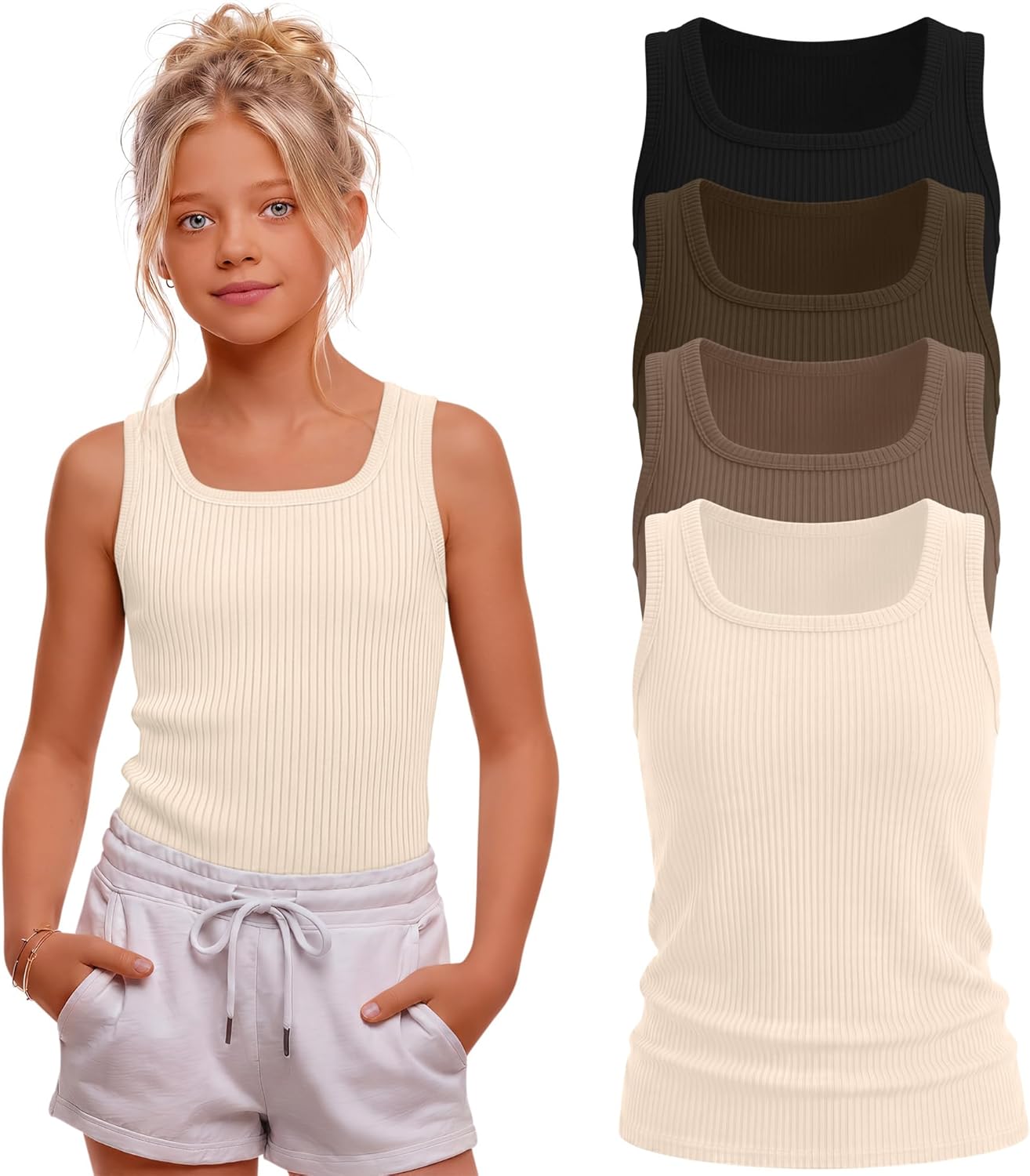Oakgarden 4 Pack Girls Tank Tops Ribbed Knit Sleeveless Shirts 5-14 Years Square Neck Basic Stretch Undershirt Casual Tops