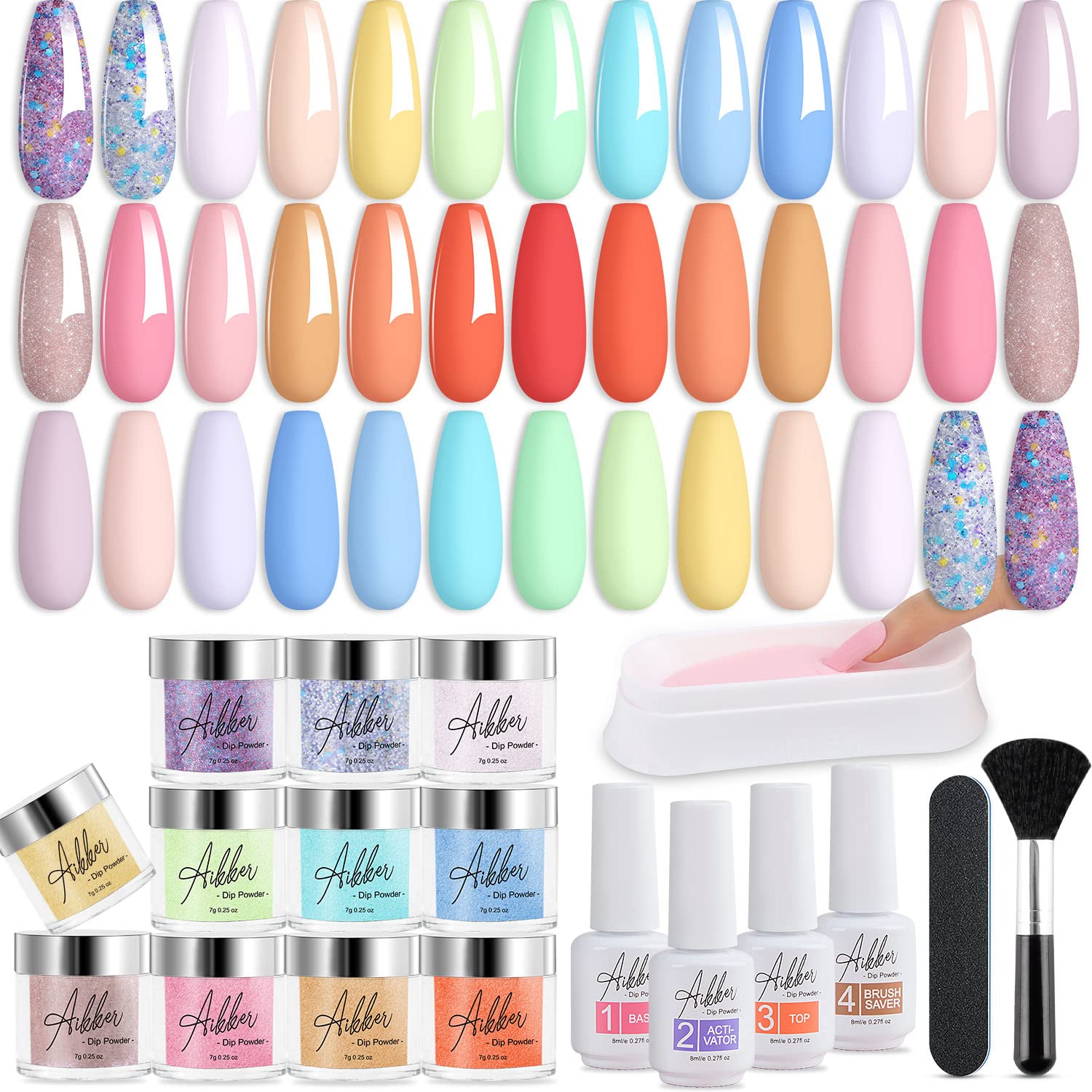 27 Pcs 20 Festival Colors Dip Powder Nail Kit Starter Glitter Purple Pink Orange Acrylic Dipping Powder Liquid Set with Everything Base Top Coat Activator for French Nail Art Manicure AK33