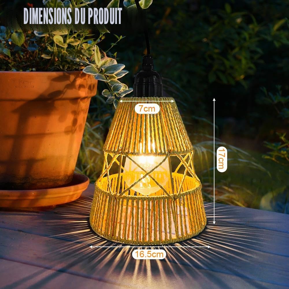 Lanterne Solaire Extérieur 2 Pièces, Lampe Solaire Suspendue Tressée Boho en Chanvre Étanche, Décoration Jardin