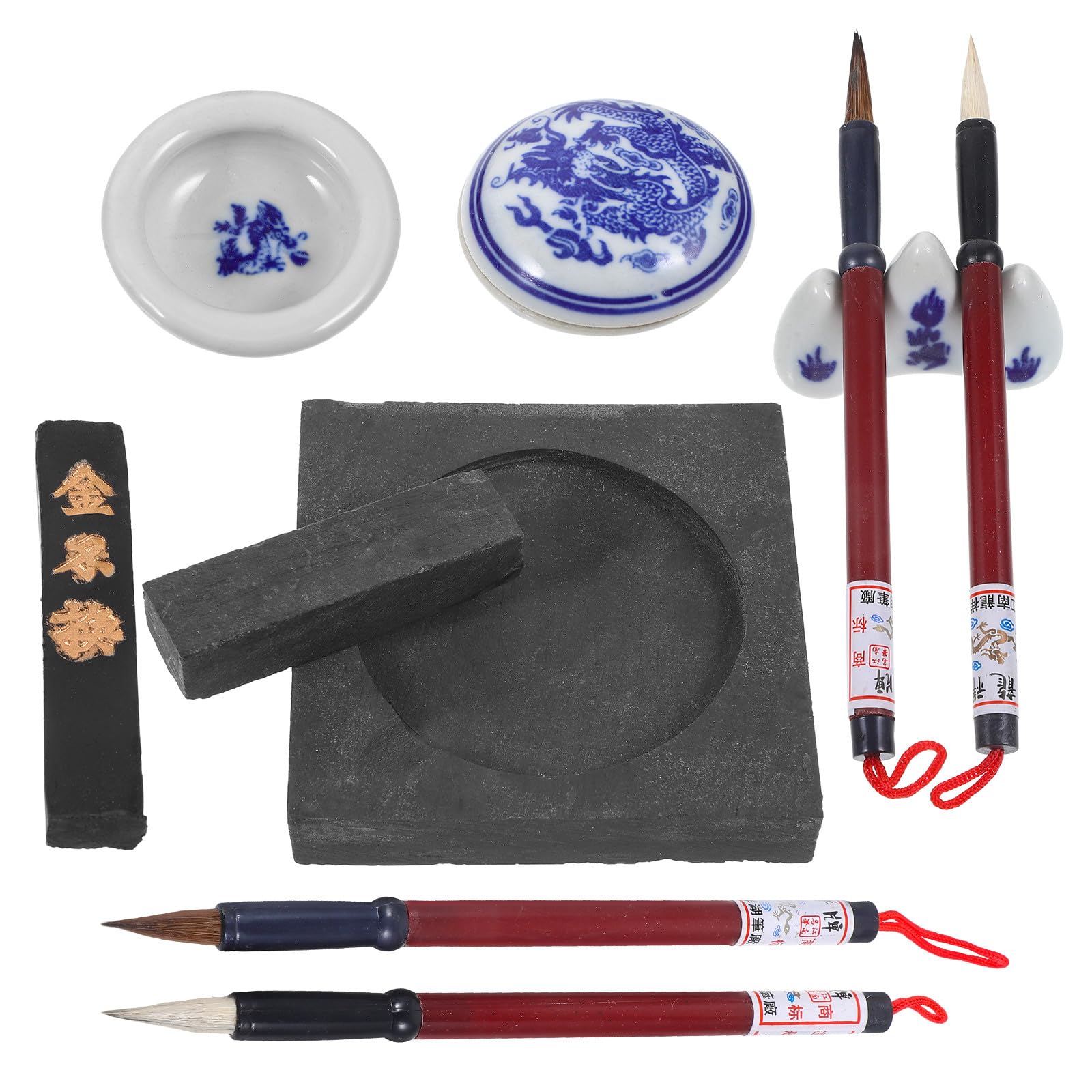 COHEALI Chinese Calligraphy Set for Beginners Adults Four Treasures of the Study with 4 Calligraphy Brushes 2 Ink Strips Ceramic Inkstone Inkstone and Brush Rest Office Gift Kit with Storage Box