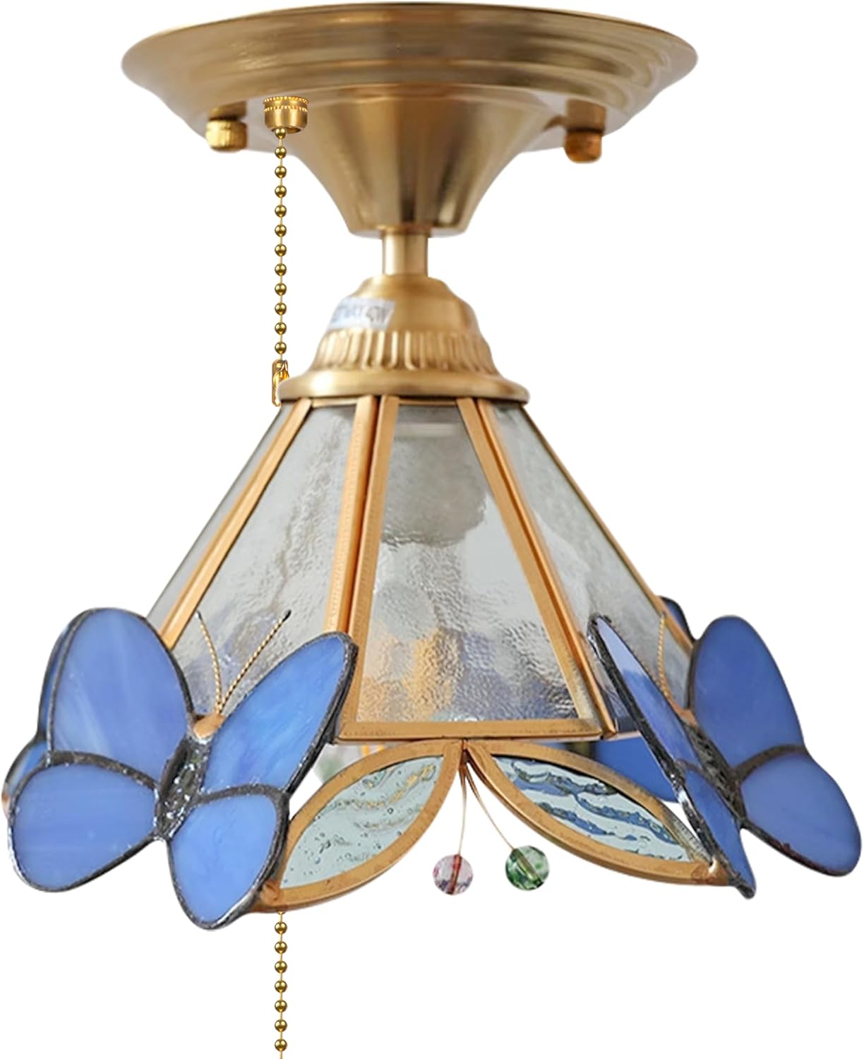 RV Butterflies Light with Zipper Switch 12V RV Decorative Ceiling Hallway Light Fixtures, E26 E27 Blue Tiffany Stained Glass Semi Flush Mount Interior Lighting for RV Camper