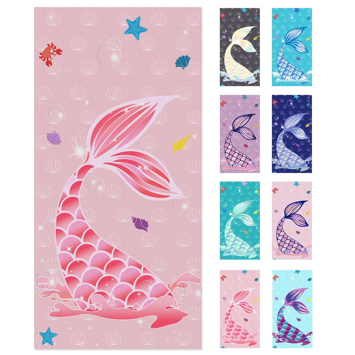 Jessy Home 4 Pack Mermaid Beach Towel 30"x60" Soft Microfiber Swim Towels Absorbent Quick Dry Sand Free Beach Towels Set for Girls &amp; Women for Beach Travel - Pink