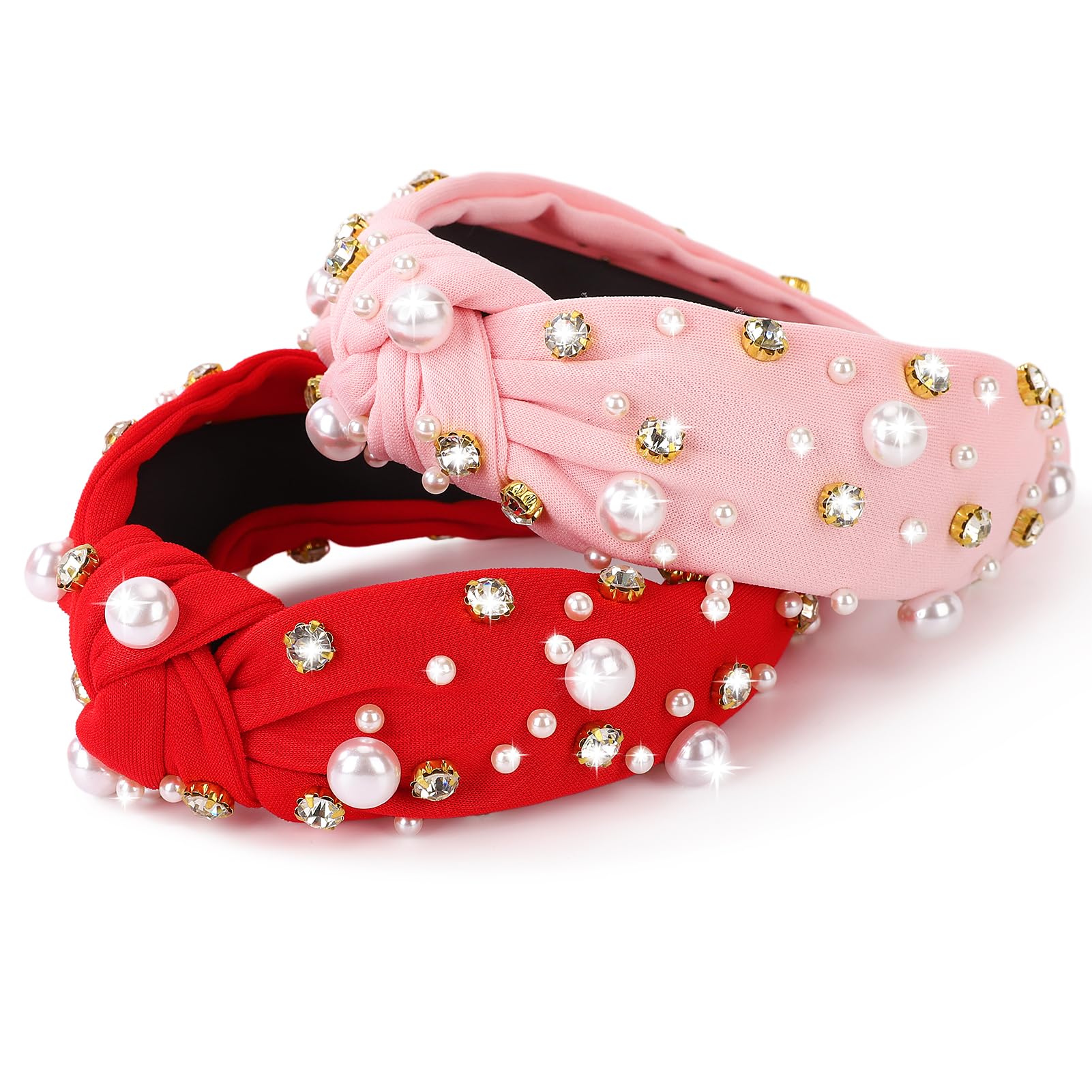 2Pcs Valentine's Day Headbands for Women, Heart Love Knotted Hair Hoops, Festive Pearl Hair Accessory Gift (Red&Pink)